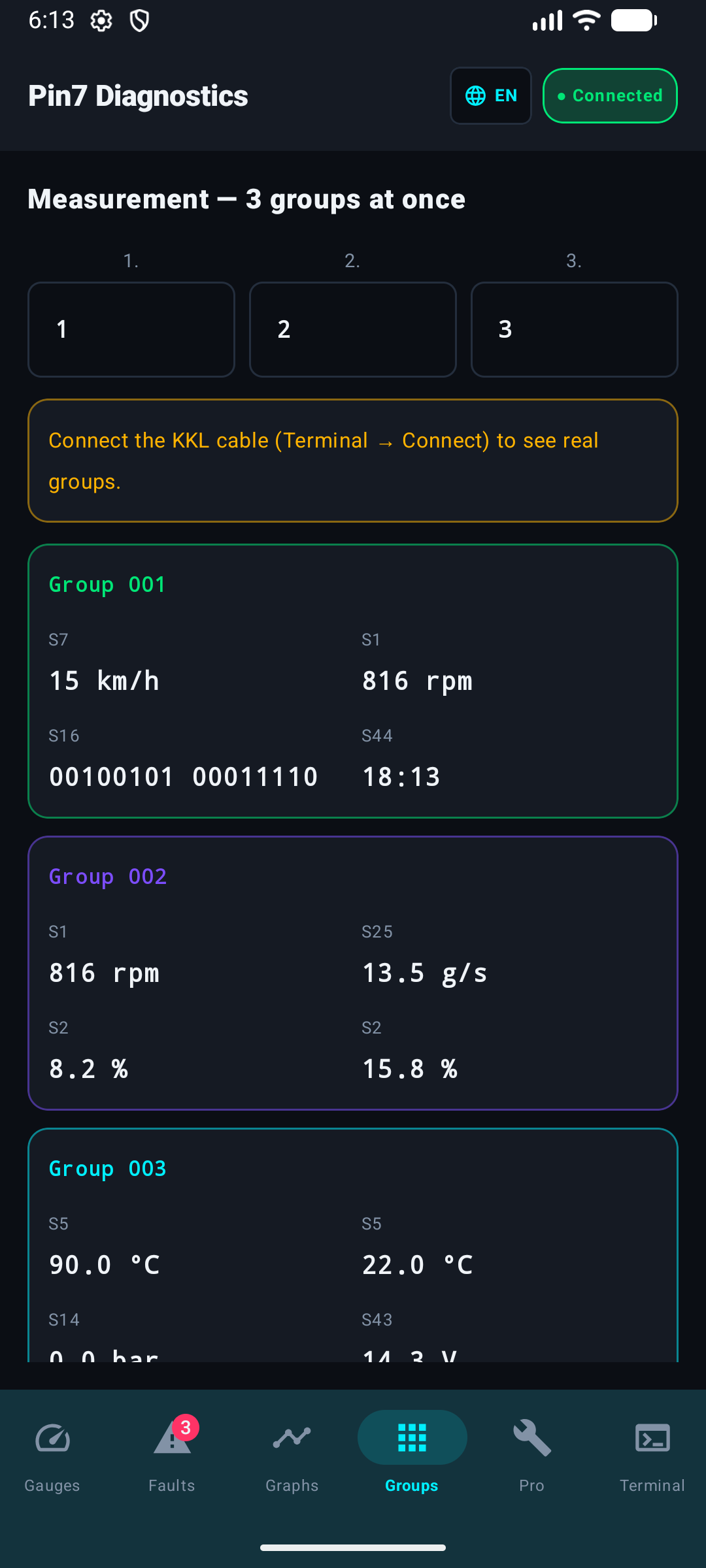 Three measuring groups streaming side by side, each in its own value table