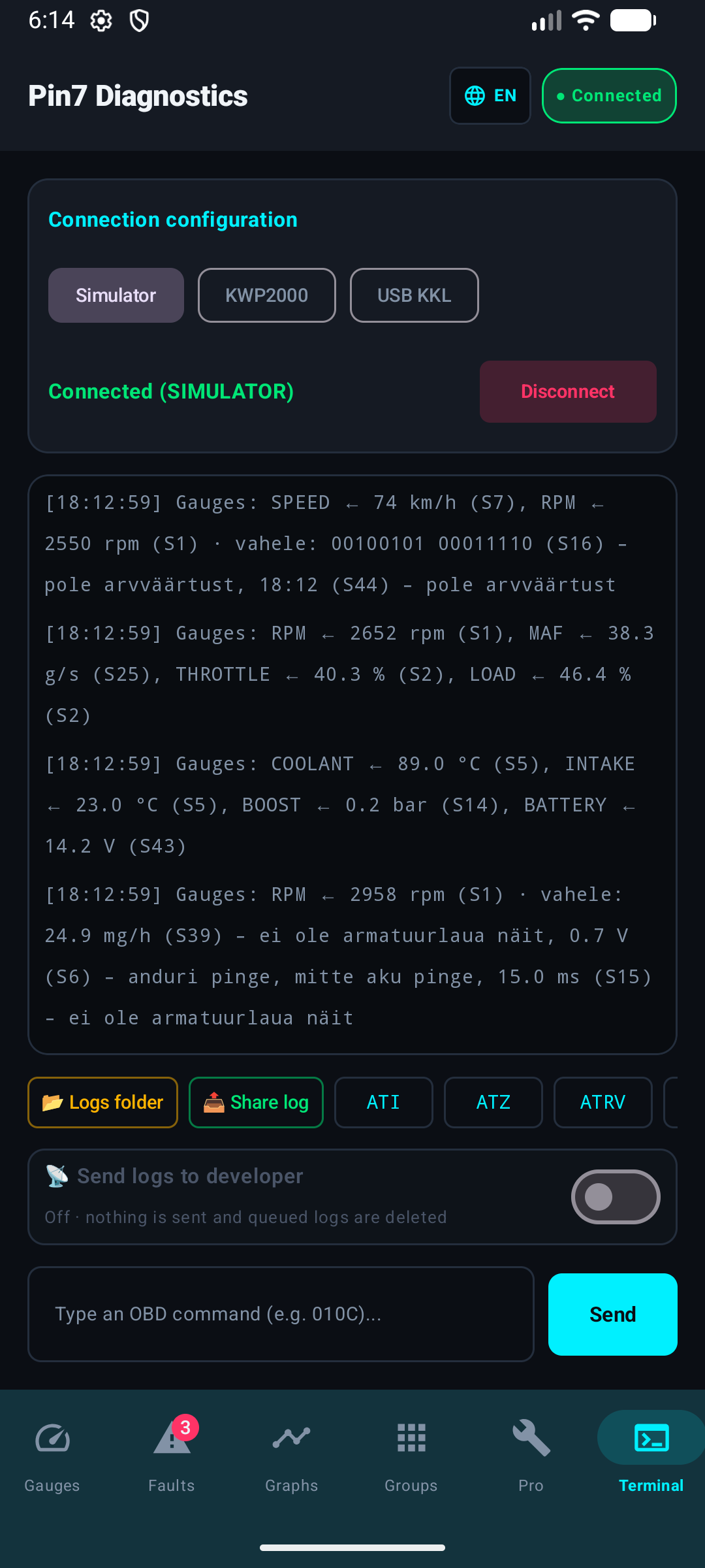 Terminal screen with adapter selection, quick commands and a live session log